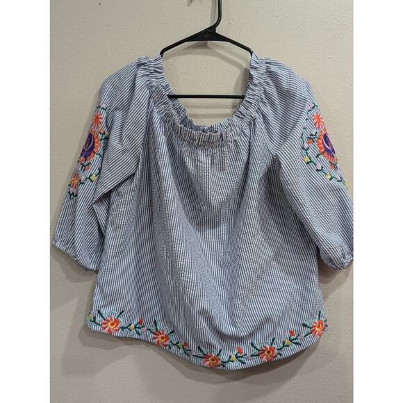 Gorgeous pinstripe off the shoulder peasant style blouse w/floral embroidery L - Picture 1 of 8